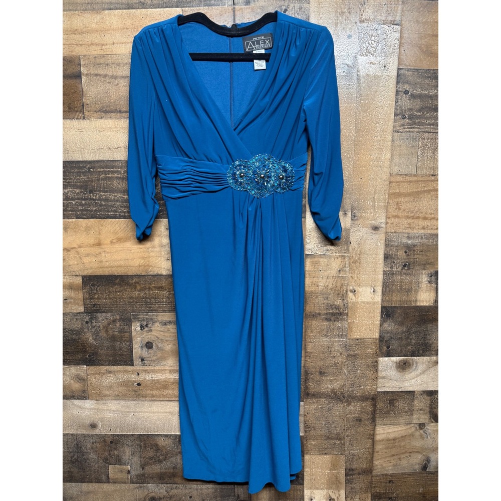ALEX EVENINGS Petite Blue Beaded V Neck 3/4 Sleeve Ruched Midi Dress Size 6P